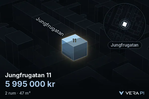 VERA PI's image of Jungfrugatan 11: the building in 3D, lit in blue, and the map around it