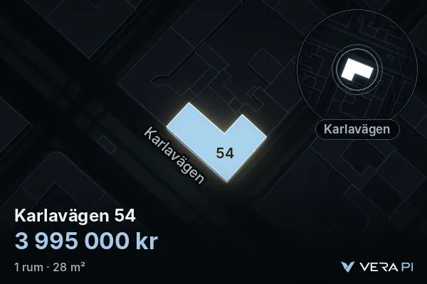 VERA PI:s bild av Karlavägen 54: huset i 3D, upplyst i blått, och kartan runt omkring