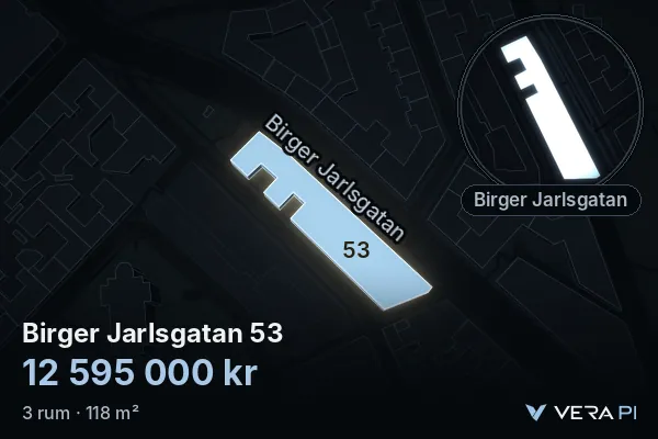 VERA PI:s bild av Birger Jarlsgatan 53: huset i 3D, upplyst i blått, och kartan runt omkring