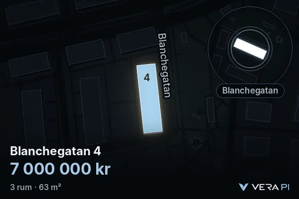 VERA PI:s bild av Blanchegatan 4: huset i 3D, upplyst i blått, och kartan runt omkring