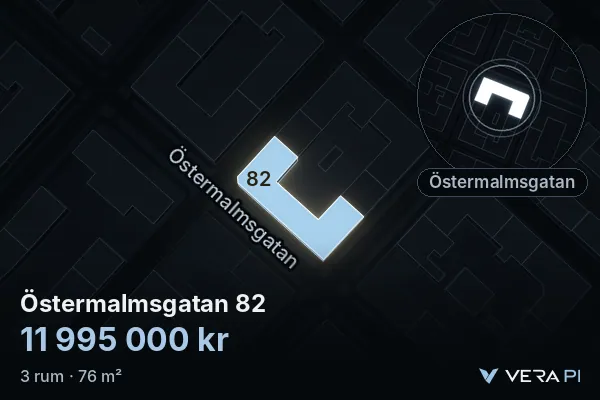 VERA PI:s bild av Östermalmsgatan 82: huset i 3D, upplyst i blått, och kartan runt omkring