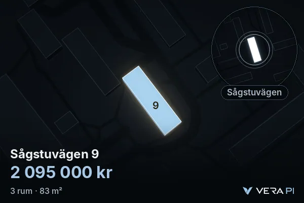 VERA PI's image of Sågstuvägen 9: the building in 3D, lit in blue, and the map around it