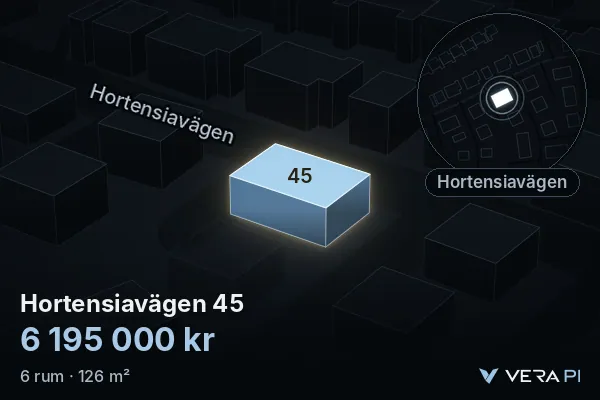 VERA PI's image of Hortensiavägen 45: the building in 3D, lit in blue, and the map around it