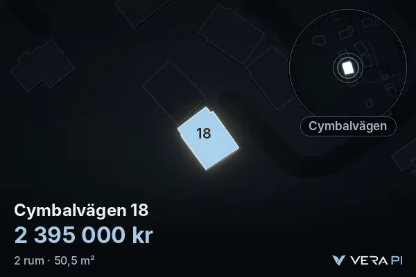 VERA PI's image of Cymbalvägen 18: the building in 3D, lit in blue, and the map around it