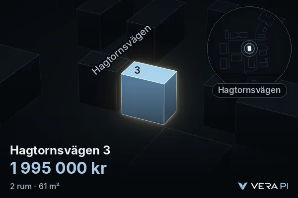VERA PI's image of Hagtornsvägen 3: the building in 3D, lit in blue, and the map around it