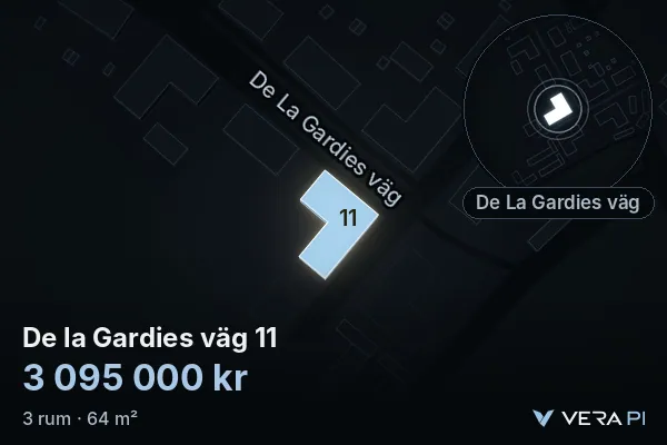 VERA PI:s bild av De la Gardies väg 11: huset i 3D, upplyst i blått, och kartan runt omkring