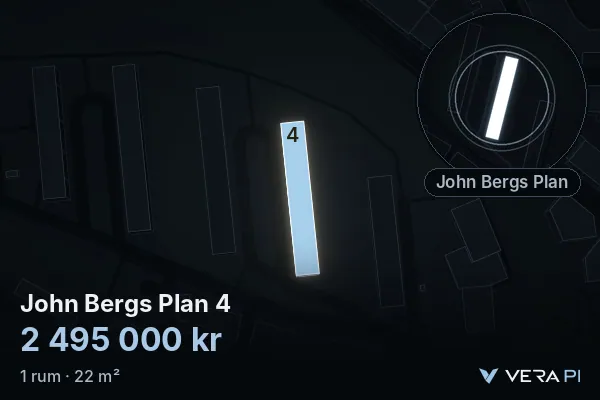 VERA PI:s bild av John Bergs Plan 4: huset i 3D, upplyst i blått, och kartan runt omkring