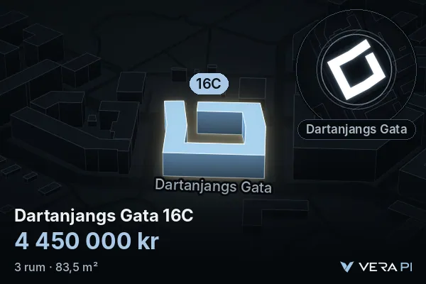 VERA PI's image of Dartanjangs Gata 16C: the building in 3D, lit in blue, and the map around it