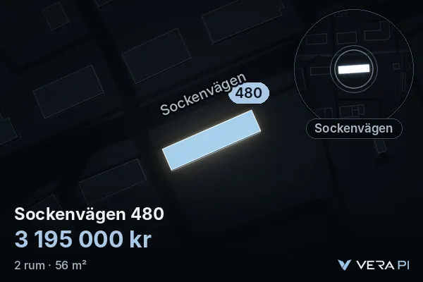 VERA PI:s bild av Sockenvägen 480: huset i 3D, upplyst i blått, och kartan runt omkring