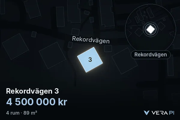 VERA PI:s bild av Rekordvägen 3: huset i 3D, upplyst i blått, och kartan runt omkring