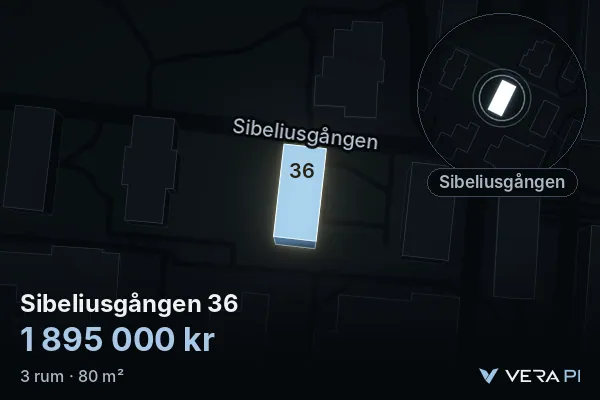 VERA PI:s bild av Sibeliusgången 36: huset i 3D, upplyst i blått, och kartan runt omkring