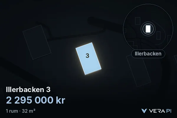 VERA PI's image of Illerbacken 3: the building in 3D, lit in blue, and the map around it