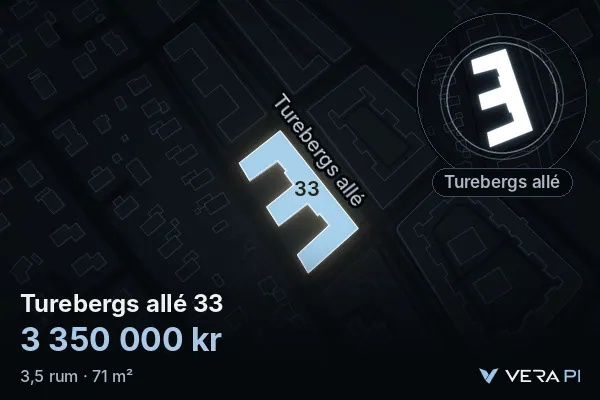 VERA PI's image of Turebergs allé 33: the building in 3D, lit in blue, and the map around it