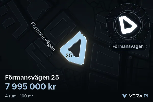 VERA PI's image of Förmansvägen 25: the building in 3D, lit in blue, and the map around it