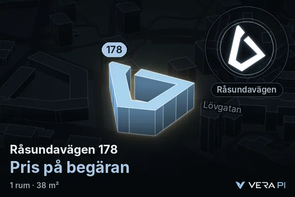 VERA PI:s bild av Råsundavägen 178: huset i 3D, upplyst i blått, och kartan runt omkring