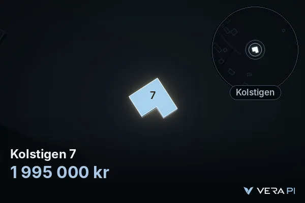 VERA PI's image of Kolstigen 7: the building in 3D, lit in blue, and the map around it
