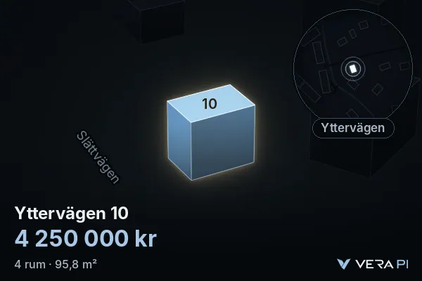 VERA PI's image of Yttervägen 10: the building in 3D, lit in blue, and the map around it