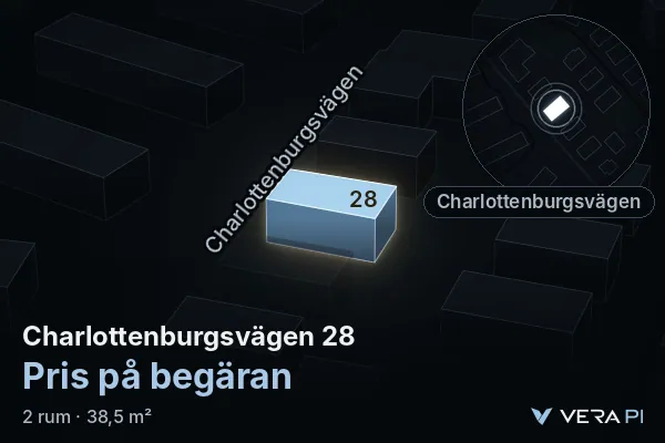 VERA PI's image of Charlottenburgsvägen 28: the building in 3D, lit in blue, and the map around it