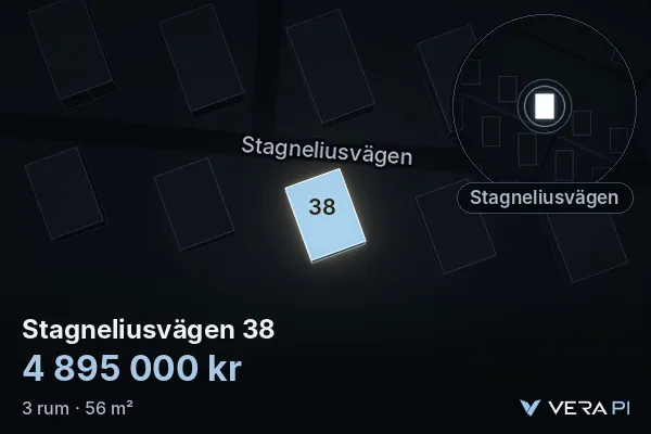 VERA PI:s bild av Stagneliusvägen 38: huset i 3D, upplyst i blått, och kartan runt omkring