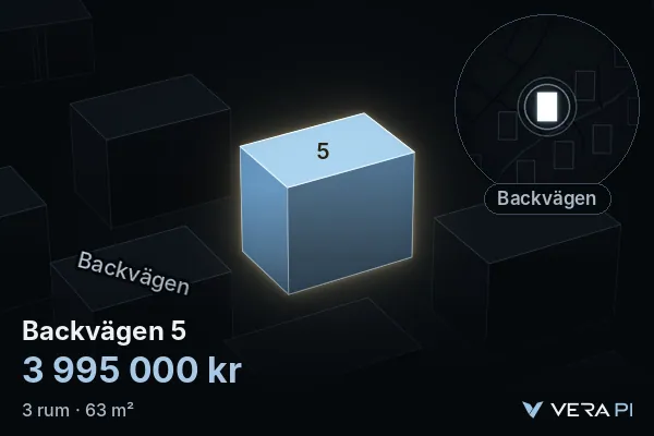 VERA PI:s bild av Backvägen 5: huset i 3D, upplyst i blått, och kartan runt omkring