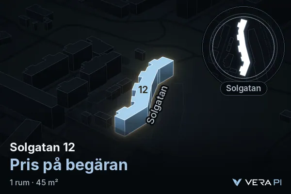 VERA PI's image of Solgatan 12: the building in 3D, lit in blue, and the map around it
