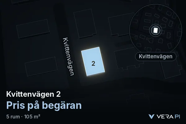 VERA PI:s bild av Kvittenvägen 2: huset i 3D, upplyst i blått, och kartan runt omkring