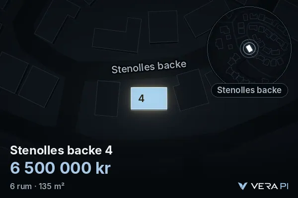 VERA PI's image of Stenolles backe 4: the building in 3D, lit in blue, and the map around it