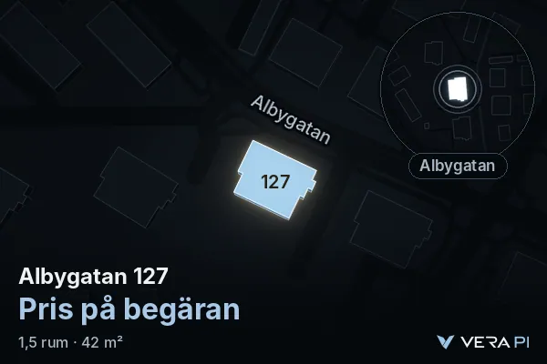 VERA PI:s bild av Albygatan 127: huset i 3D, upplyst i blått, och kartan runt omkring