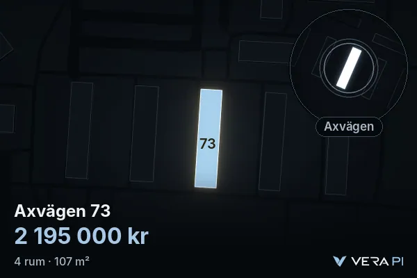 VERA PI's image of Axvägen 73: the building in 3D, lit in blue, and the map around it