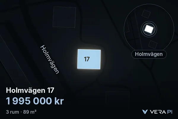 VERA PI:s bild av Holmvägen 17: huset i 3D, upplyst i blått, och kartan runt omkring