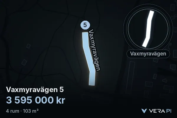 VERA PI:s bild av Vaxmyravägen 5: huset i 3D, upplyst i blått, och kartan runt omkring