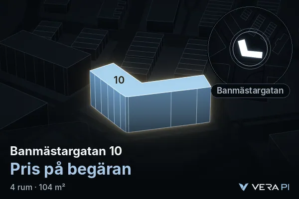 VERA PI:s bild av Banmästargatan 10: huset i 3D, upplyst i blått, och kartan runt omkring