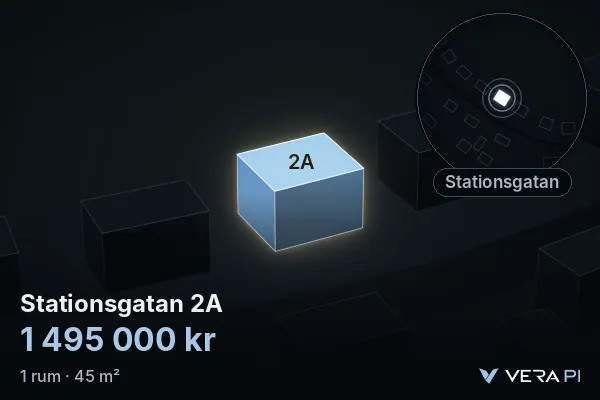 VERA PI's image of Stationsgatan 2A: the building in 3D, lit in blue, and the map around it