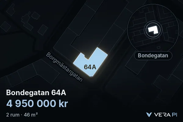 VERA PI:s bild av Bondegatan 64A: huset i 3D, upplyst i blått, och kartan runt omkring
