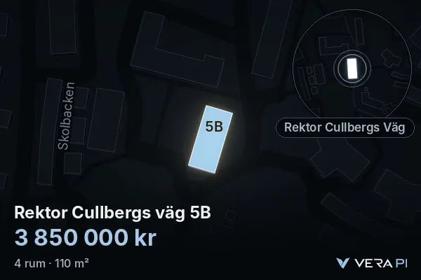 VERA PI's image of Rektor Cullbergs väg 5B: the building in 3D, lit in blue, and the map around it