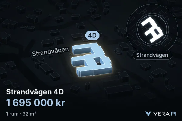 VERA PI:s bild av Strandvägen 4D: huset i 3D, upplyst i blått, och kartan runt omkring