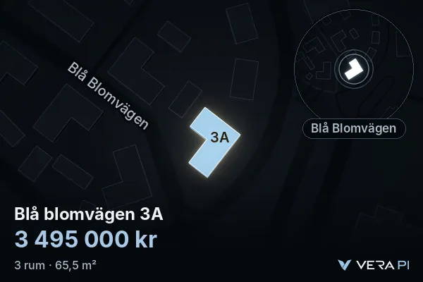 VERA PI's image of Blå blomvägen 3A: the building in 3D, lit in blue, and the map around it