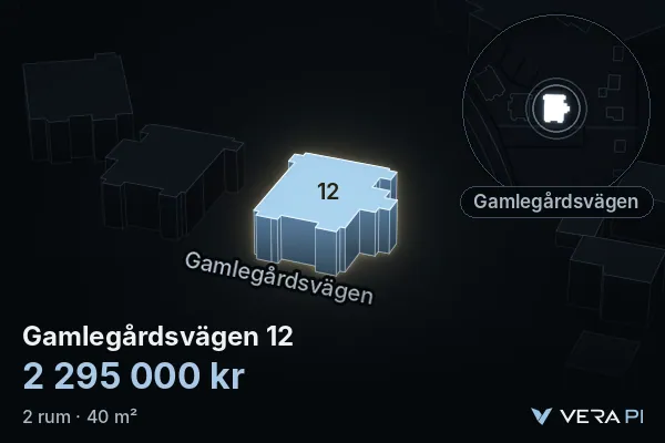 VERA PI's image of Gamlegårdsvägen 12: the building in 3D, lit in blue, and the map around it