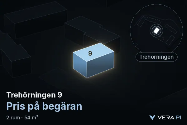 VERA PI's image of Trehörningen 9: the building in 3D, lit in blue, and the map around it