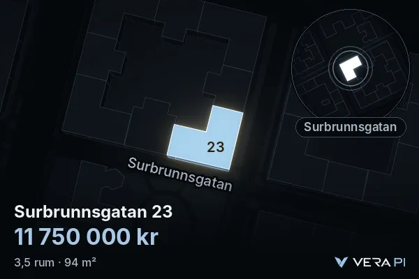 VERA PI:s bild av Surbrunnsgatan 23: huset i 3D, upplyst i blått, och kartan runt omkring