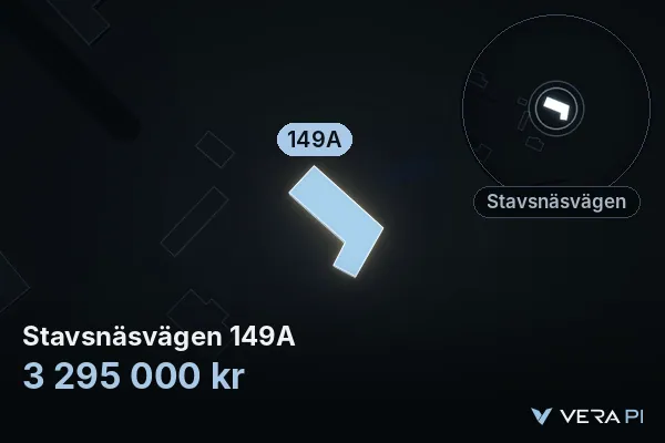 VERA PI's image of Stavsnäsvägen 149A: the building in 3D, lit in blue, and the map around it