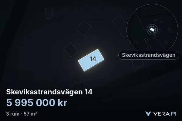 VERA PI:s bild av Skeviksstrandsvägen 14: huset i 3D, upplyst i blått, och kartan runt omkring