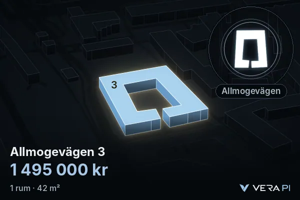 VERA PI's image of Allmogevägen 3: the building in 3D, lit in blue, and the map around it