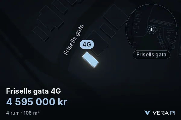 VERA PI:s bild av Frisells gata 4G: huset i 3D, upplyst i blått, och kartan runt omkring
