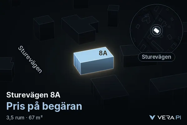 VERA PI:s bild av Sturevägen 8A: huset i 3D, upplyst i blått, och kartan runt omkring