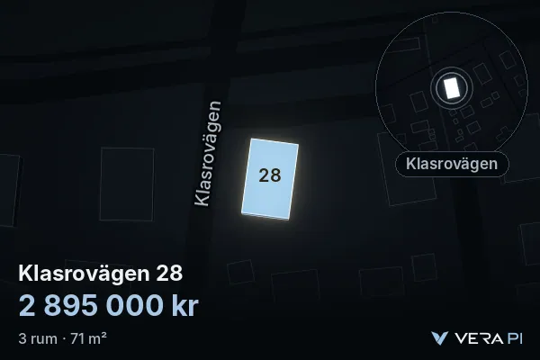 VERA PI:s bild av Klasrovägen 28: huset i 3D, upplyst i blått, och kartan runt omkring