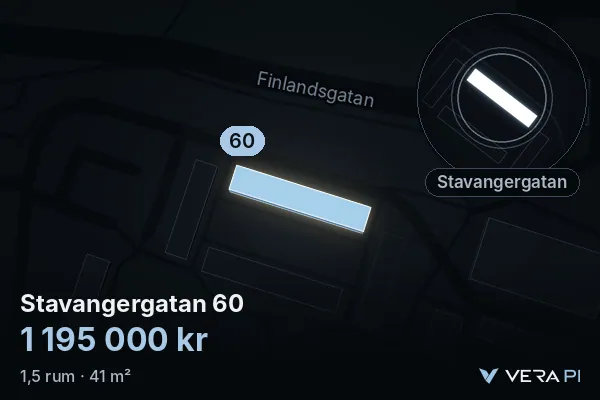 VERA PI:s bild av Stavangergatan 60: huset i 3D, upplyst i blått, och kartan runt omkring