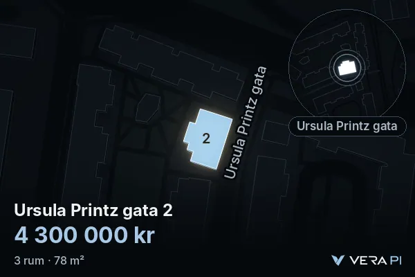 VERA PI:s bild av Ursula Printz gata 2: huset i 3D, upplyst i blått, och kartan runt omkring