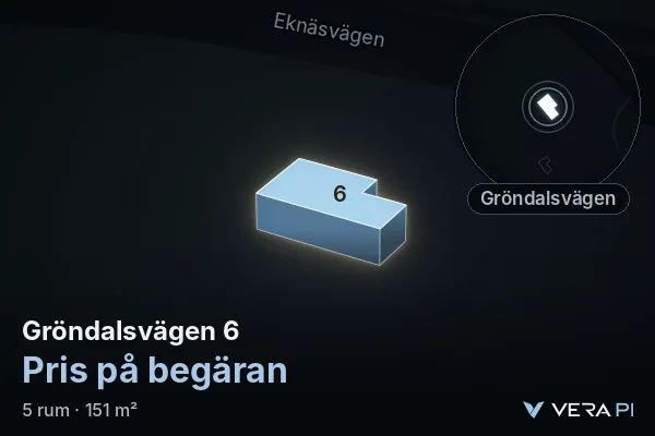 VERA PI's image of Gröndalsvägen 6: the building in 3D, lit in blue, and the map around it