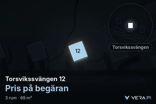 VERA PI's image of Torsvikssvängen 12: the building in 3D, lit in blue, and the map around it